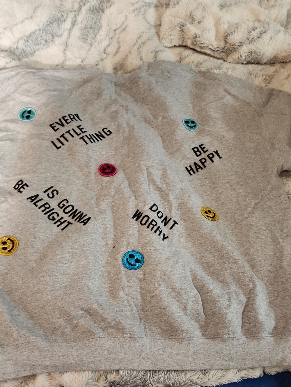 Womens Grey Graphic Sweatshirt with Smiley Patch Details